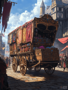 Regal Caravan of Colorful Tapestries and Intricate Patterns Traversing a Lively Medieval Market Street with Towering Timber Buildings and Bustling Crowds Under a Bright Blue Sky DND Digital Painting Wall Art 18 X 24 Inch Poster