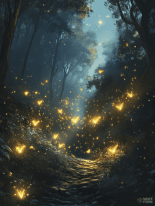 Enchanted Woodland Path Illuminated by Swirling Golden Fireflies under the Moonlit Canopy DND Digital Painting Wall Art 18 X 24 Inch Poster