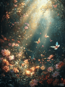 Enchanted Garden Awash with Golden Sunlight and Dancing Butterflies Amidst Blooming Wildflowers DND Digital Painting Wall Art 18 X 24 Inch Poster