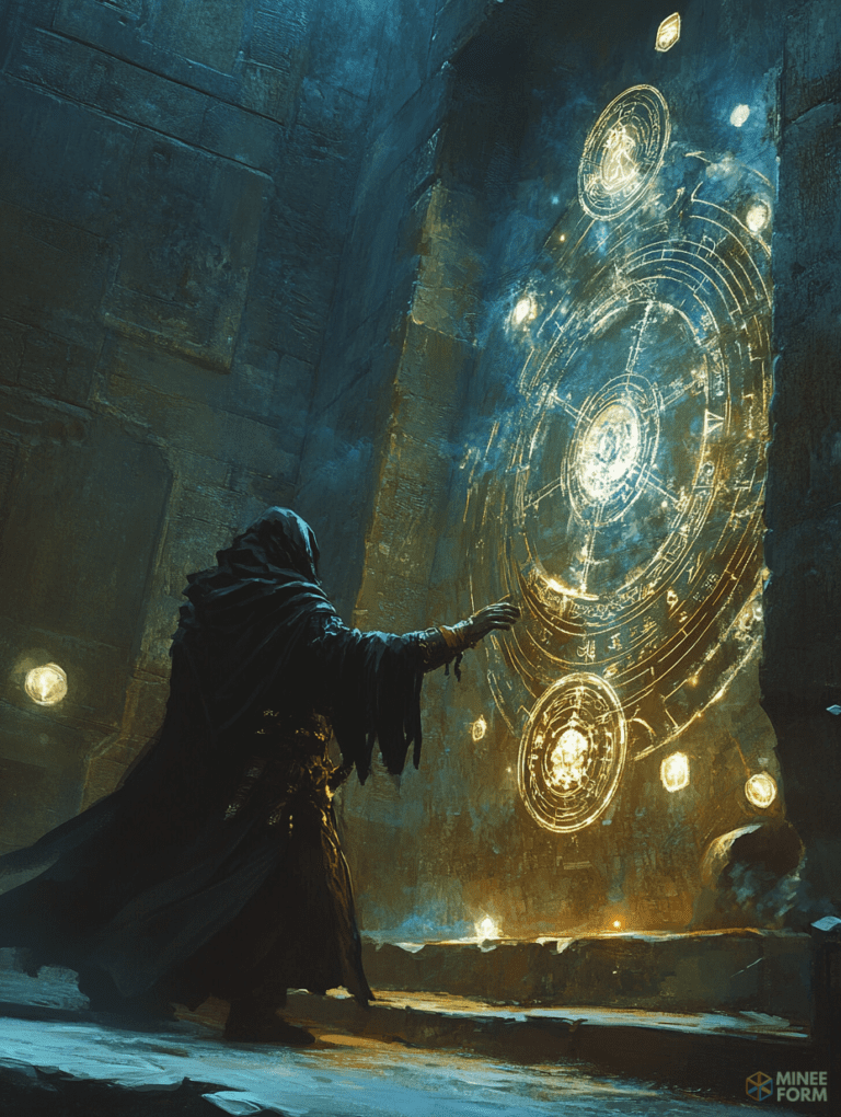 Mysterious Cloaked Figure Unveiling Glowing Ancient Symbols on a Towering Stone Wall in a Dimly Lit Enchanted Chamber DND Digital Painting Wall Art 18 X 24 Inch Poster