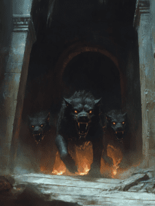 Fierce Three-Headed Canine Guardians Emerging from Ancient Stone Archway with Glowing Eyes and Fiery Aura DND Digital Painting Wall Art 18 X 24 Inch Poster