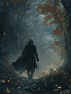 Mysterious Hooded Figure Walking Through Enchanted Autumn Forest Illuminated by Twinkling Stardust and Glowing Red Leaves DND Digital Painting Wall Art 18 X 24 Inch Poster