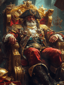 Regal Pirate King Seated on Ornate Throne Adorned with Skulls and Gold in a Sunlit Realm of Opulence and Mystery DND Digital Painting Wall Art 18 X 24 Inch Poster