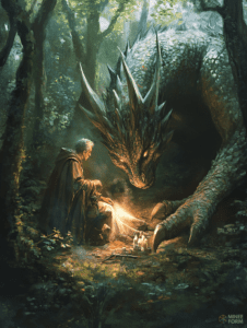 Elderly Wanderer and Majestic Dragon Sharing a Peaceful Campfire in a Sunlit Enchanted Forest DND Digital Painting Wall Art 18 X 24 Inch Poster