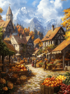 Quaint Medieval Village Marketplace in the Midst of Autumn Splendor with Snowcapped Mountains in the Background and Bustling Stalls Overflowing with Vibrant Harvest Produce DND Digital Painting Wall Art 18 X 24 Inch Poster