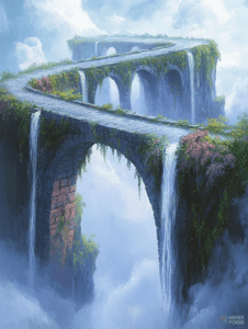 Majestic Stone Pathway with Lush Vines and Cascading Waterfalls Amidst Ethereal Clouds DND Digital Painting Wall Art 18 X 24 Inch Poster