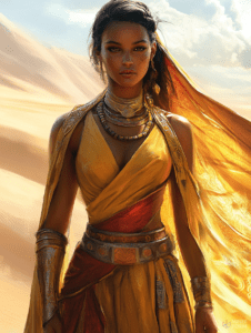 Warrior Princess of the Golden Desert with Flowing Garments and Sunlit Elegance Among Vast Sand Dunes DND Digital Painting Wall Art 18 X 24 Inch Poster