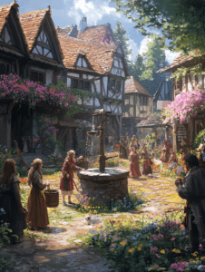 Bustling Village Square on a Sunny Day with Charming Timbered Houses and Villagers Gathering Around a Central Stone Well Amidst Vibrant Flowering Gardens DND Digital Painting Wall Art 18 X 24 Inch Poster