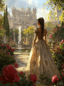 Elegant Lady in a Lush Rose Garden Overlooking a Majestic Castle in the Golden Light of a Sunny Day DND Digital Painting Wall Art 18 X 24 Inch Poster