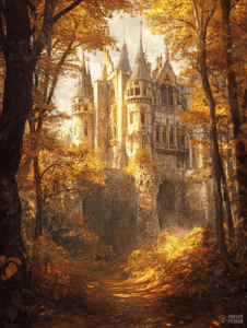 Majestic Autumnal Fortress Nestled Amidst a Golden Woodland Path Under a Canopy of Vibrant Foliage with Sunlight Illuminating the Ancient Stone Walls DND Digital Painting Wall Art 18 X 24 Inch Poster