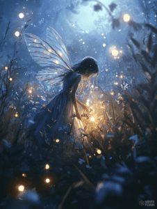 Whimsical Fairy Illuminating a Moonlit Meadow with Glowing Wings Among Twinkling Flowers and Enchanted Fireflies DND Digital Painting Wall Art 18 X 24 Inch Poster