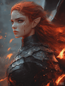 Fierce Elven Warrior Amidst Blazing Flames with Fiery Red Hair and Battle-Scarred Armor DND Digital Painting Wall Art 18 X 24 Inch Poster