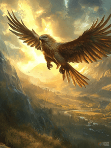 Majestic Golden Eagle Soaring Over a Serene Valley at Sunrise with Lush Green Landscapes and Towering Mountains in the Background DND Digital Painting Wall Art 18 X 24 Inch Poster