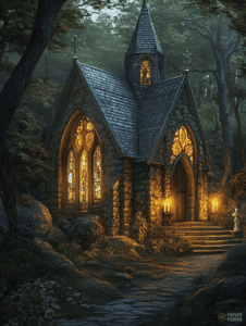 Enchanted Stone Chapel Illuminated by Warm Candlelight Nestled in a Lush Forest at Dusk DND Digital Painting Wall Art 18 X 24 Inch Poster