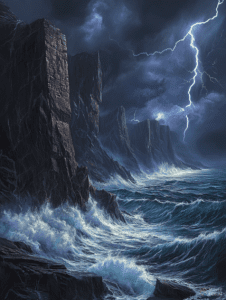 Majestic Coastal Cliffs Under a Stormy Sky with Crashing Waves and Electrifying Lightning Illuminating the Scene DND Digital Painting Wall Art 18 X 24 Inch Poster