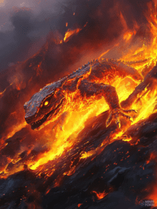 Molten Lava Beast Emerging from Fiery Volcanic Landscape with Blazing Eyes and Serrated Scales Illuminated by Cascading Flames DND Digital Painting Wall Art 18 X 24 Inch Poster