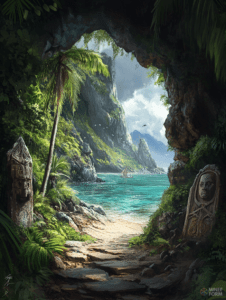 Pathway Through a Tropical Cave Leading to a Hidden Cove with Emerald Waters and Ancient Stone Carvings Under Lush Foliage and Towering Cliffs DND Digital Painting Wall Art 18 X 24 Inch Poster