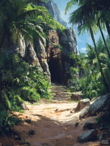 Hidden Jungle Temple Entrance with Ancient Carvings Surrounded by Lush Greenery and Towering Cliffs Under a Clear Blue Sky DND Digital Painting Wall Art 18 X 24 Inch Poster