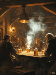 Rustic Tavern Gathering of Bearded Companions Engaged in Lively Conversation Amidst Warm Lantern Light and Rising Smoke DND Digital Painting Wall Art 18 X 24 Inch Poster