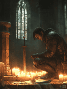 Knight Contemplating Fate in the Glow of Candlelight in an Ancient Stone Cathedral with Stained Glass Windows DND Digital Painting Wall Art 18 X 24 Inch Poster