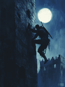 Stealthy Rogue Scaling an Ancient Castle Wall Under a Full Moonlit Sky DND Digital Painting Wall Art 18 X 24 Inch Poster