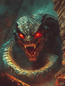 Fierce Serpent with Glowing Red Eyes Emerging from Ancient Ruins in a Fiery Abyss DND Digital Painting Wall Art 18 X 24 Inch Poster