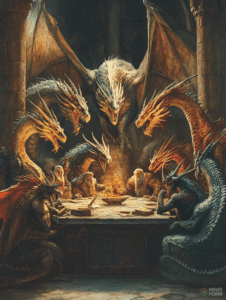 Elders and Dragons in a Grand Council as Fiery Beasts Oversee Intense Deliberations in a Dimly Lit Stone Chamber DND Digital Painting Wall Art 18 X 24 Inch Poster