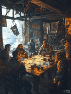 Seafarers Gather in Candlelit Tavern Planning Adventurous Voyage Amid Maps and Tankards with View of Stormy Seas DND Digital Painting Wall Art 18 X 24 Inch Poster