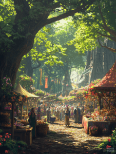 Enchanted Forest Marketplace Bustling with Colorful Stalls and Lively Shoppers under Sunlit Canopy of Lush Greenery DND Digital Painting Wall Art 18 X 24 Inch Poster