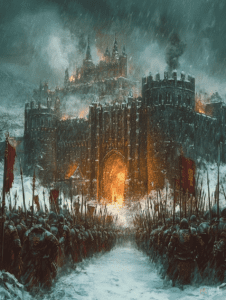 Armored Legion Marching Towards a Fiery Fortress Under a Stormy Sky in a Snow-Covered Landscape DND Digital Painting Wall Art 18 X 24 Inch Poster