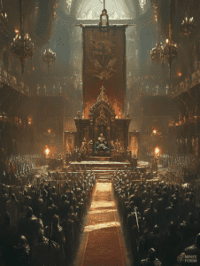 Majestic Throne Room with Regal Monarch Surrounded by Royal Guards and Illuminated by Ornate Chandeliers DND Digital Painting Wall Art 18 X 24 Inch Poster