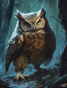 Mighty Owl Sentinel in the Misty Enchanted Forest with Illuminated Eyes and Majestic Feathers Amidst Shadowy Trees and Soft Blue Haze DND Digital Painting Wall Art 18 X 24 Inch Poster