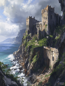 Ancient Cliffside Fortress Overlooking a Turbulent Sea Under a Dramatic Clouded Sky with Soaring Birds and Craggy Mountainous Background DND Digital Painting Wall Art 18 X 24 Inch Poster