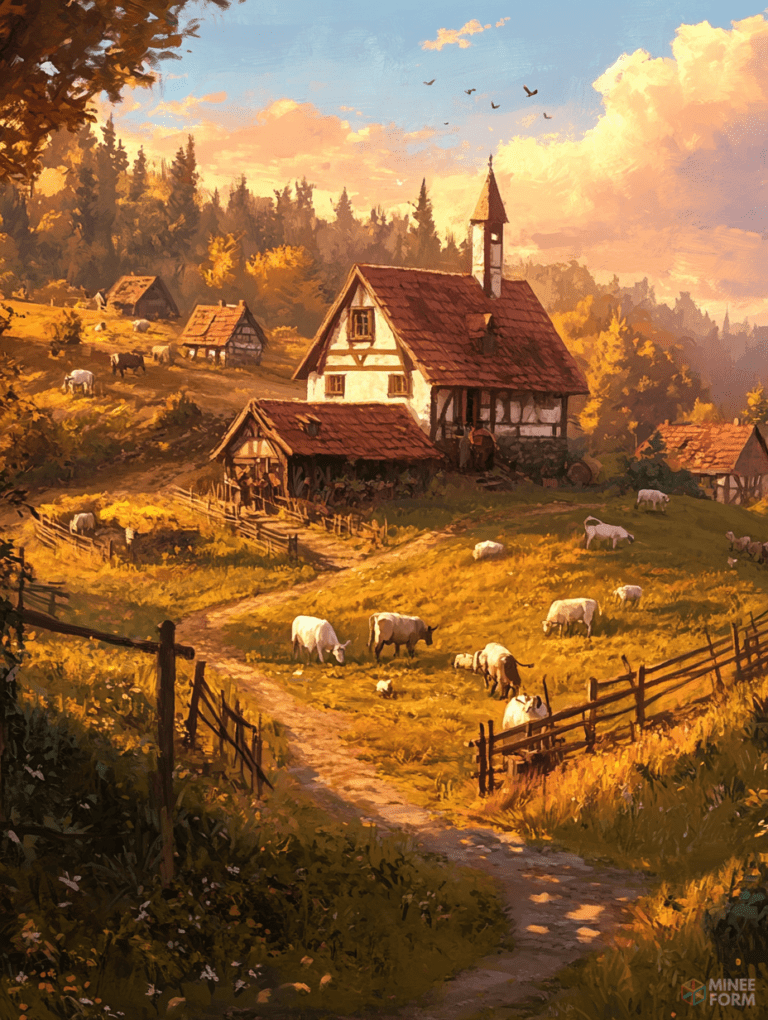 Idyllic Countryside at Sunset with Grazing Animals by a Rustic Village Chapel and Golden Fields DND Digital Painting Wall Art 18 X 24 Inch Poster