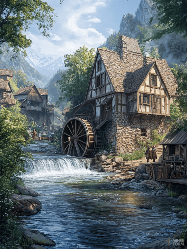 Quaint Watermill Cottage Nestled in a Tranquil Mountainous Valley Surrounded by Lush Greenery and Flowing Stream on a Sunny Day DND Digital Painting Wall Art 18 X 24 Inch Poster