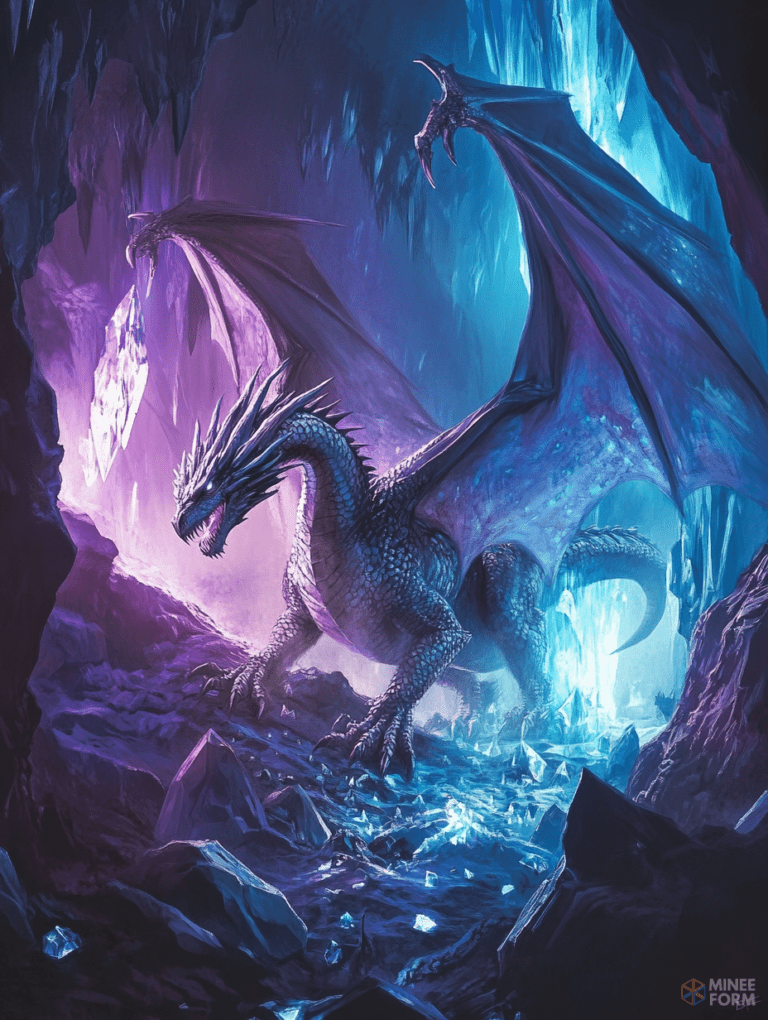 Majestic Dragon Standing Amidst Glowing Crystal Caves with Luminescent Blue and Purple Hues DND Digital Painting Wall Art 18 X 24 Inch Poster