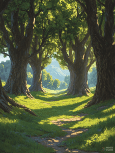 Enchanting Forest Pathway with Sunlight Dancing Through Ancient Trees and Lush Greenery DND Digital Painting Wall Art 18 X 24 Inch Poster