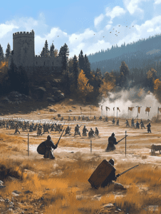 Medieval Warriors Marching Through Autumn Fields with a Towering Stone Castle Overlooking a Dense Evergreen Forest Under a Bright Blue Sky DND Digital Painting Wall Art 18 X 24 Inch Poster