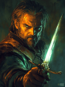 Fierce Warrior with a Glowing Sword and Intense Gaze in Dark Rustic Cloak against a Mysterious Green Backdrop DND Digital Painting Wall Art 18 X 24 Inch Poster