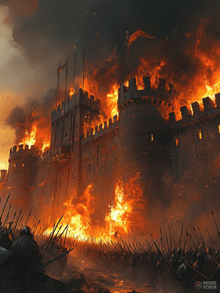 Fiery Siege of the Impenetrable Stone Fortress Amidst a Chaotic Battlefield Under a Smoldering Sky DND Digital Painting Wall Art 18 X 24 Inch Poster