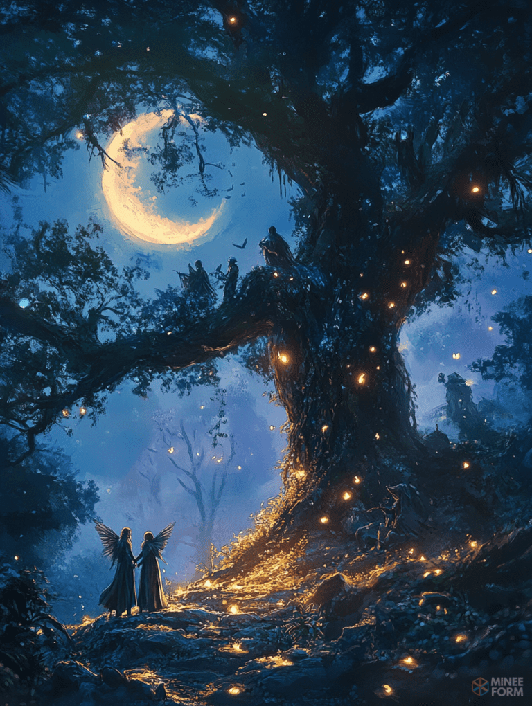 Enchanting Moonlit Meeting Under a Mystical Glowing Ancient Tree with Illuminated Fairies and Silhouetted Figures in a Magical Forest Clearing DND Digital Painting Wall Art 18 X 24 Inch Poster