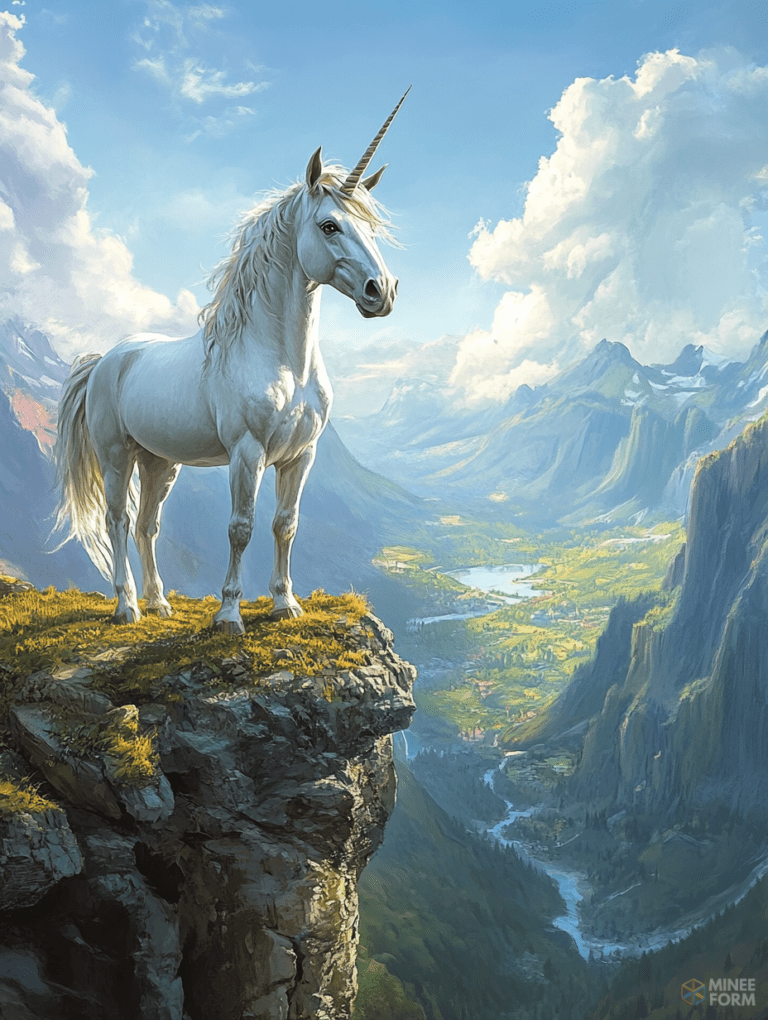 Majestic Unicorn Overlooking a Vast Enchanted Valley Underneath a Vibrant Blue Sky with Towering Mountains and Lush Greenery DND Digital Painting Wall Art 18 X 24 Inch Poster