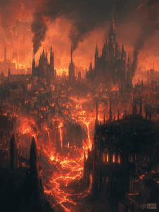 Infernal Fortress Ablaze with Rivers of Molten Lava and Towering Spires Against a Darkened Sky DND Digital Painting Wall Art 18 X 24 Inch Poster