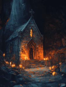 Illuminated Ancestral Chapel Nestled within a Shadowy Cavern Adorned with Flickering Candles and Ancient Stonework DND Digital Painting Wall Art 18 X 24 Inch Poster