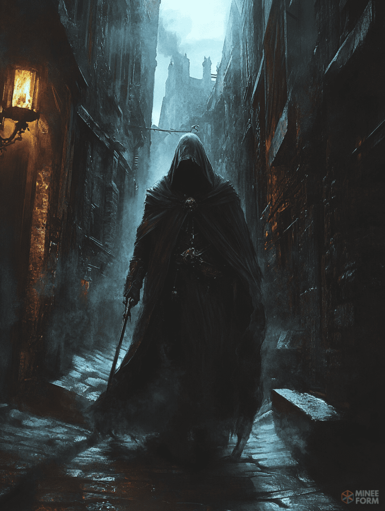 Mysterious Hooded Figure Wandering Through a Foggy and Dimly Lit Gothic Alleyway at Dusk DND Digital Painting Wall Art 18 X 24 Inch Poster