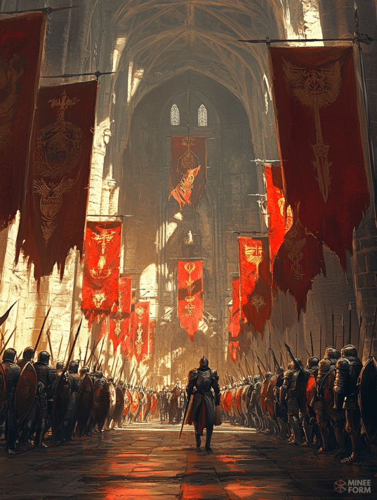 Majestic Gathering of Armored Knights in a Sunlit Cathedral Draped with Crimson Banners and Heraldic Symbols DND Digital Painting Wall Art 18 X 24 Inch Poster