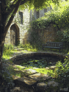 Sun-Dappled Tranquil Garden Retreat with Stone Pathway and Lily Pond Amidst Ancient Ivy-Covered Walls and Wooden Bench DND Digital Painting Wall Art 18 X 24 Inch Poster