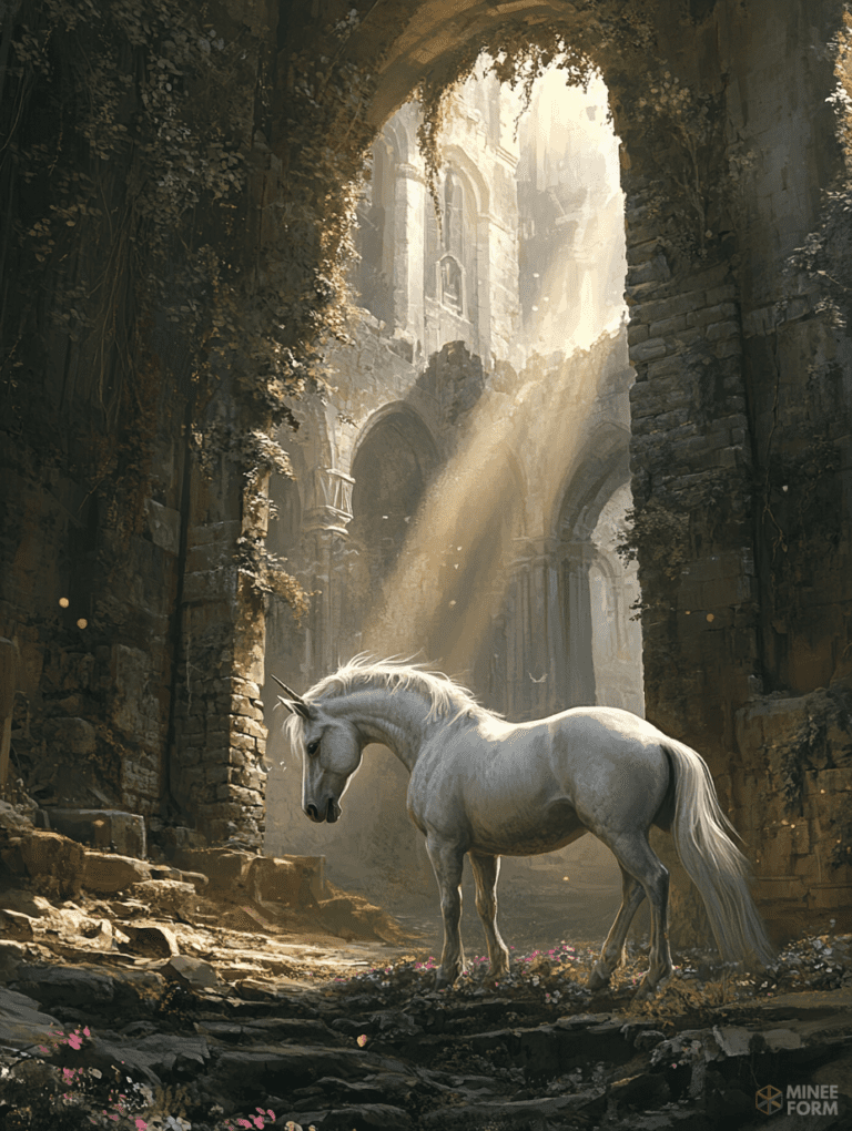 Majestic Unicorn Amidst Sunlit Ruins and Vibrant Wildflowers DND Digital Painting Wall Art 18 X 24 Inch Poster