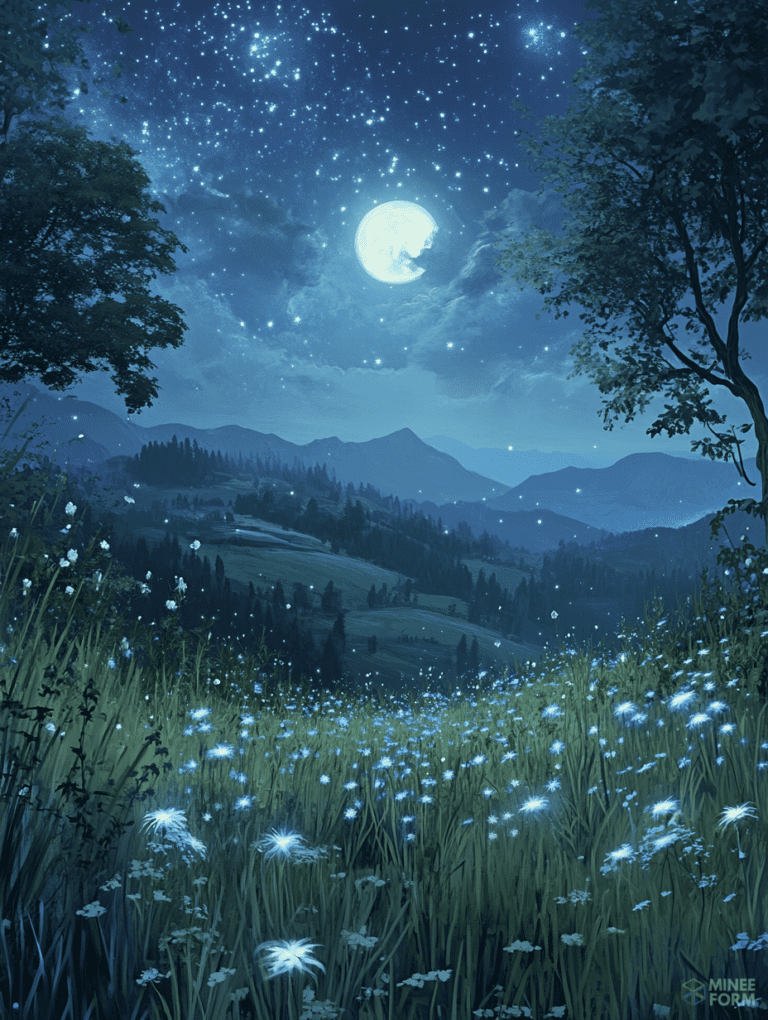 Enchanted Meadow Under a Luminous Full Moon and Starry Night Sky with Rolling Hills and Silhouetted Trees DND Digital Painting Wall Art 18 X 24 Inch Poster