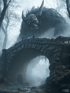 In the Shadow of the Colossal Horned Beast Looming Over a Misty Ancient Forest Bridge DND Digital Painting Wall Art 18 X 24 Inch Poster